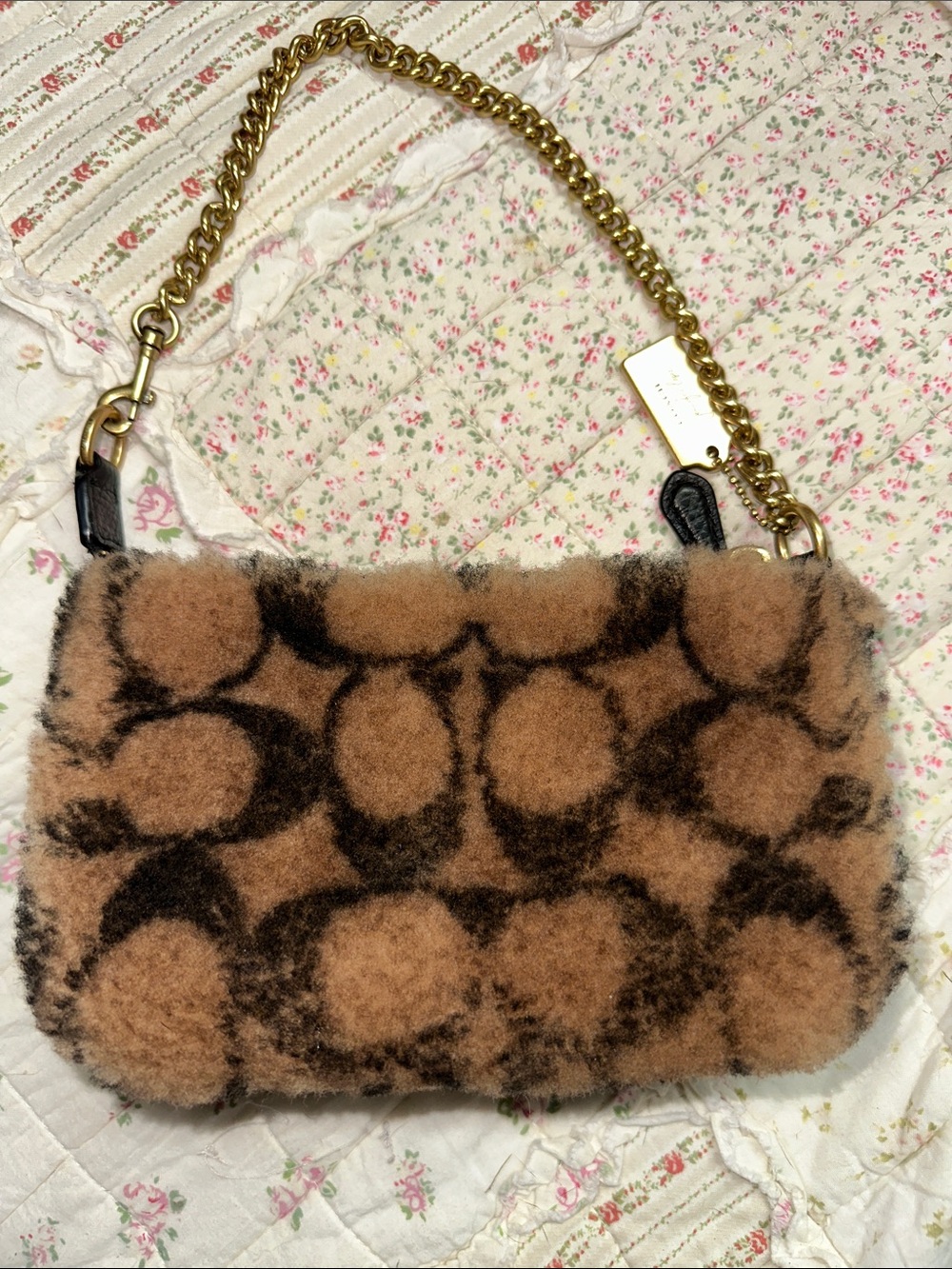 Coach Tan and Black Faux Shearling Shoulder Bag with Gold Chain